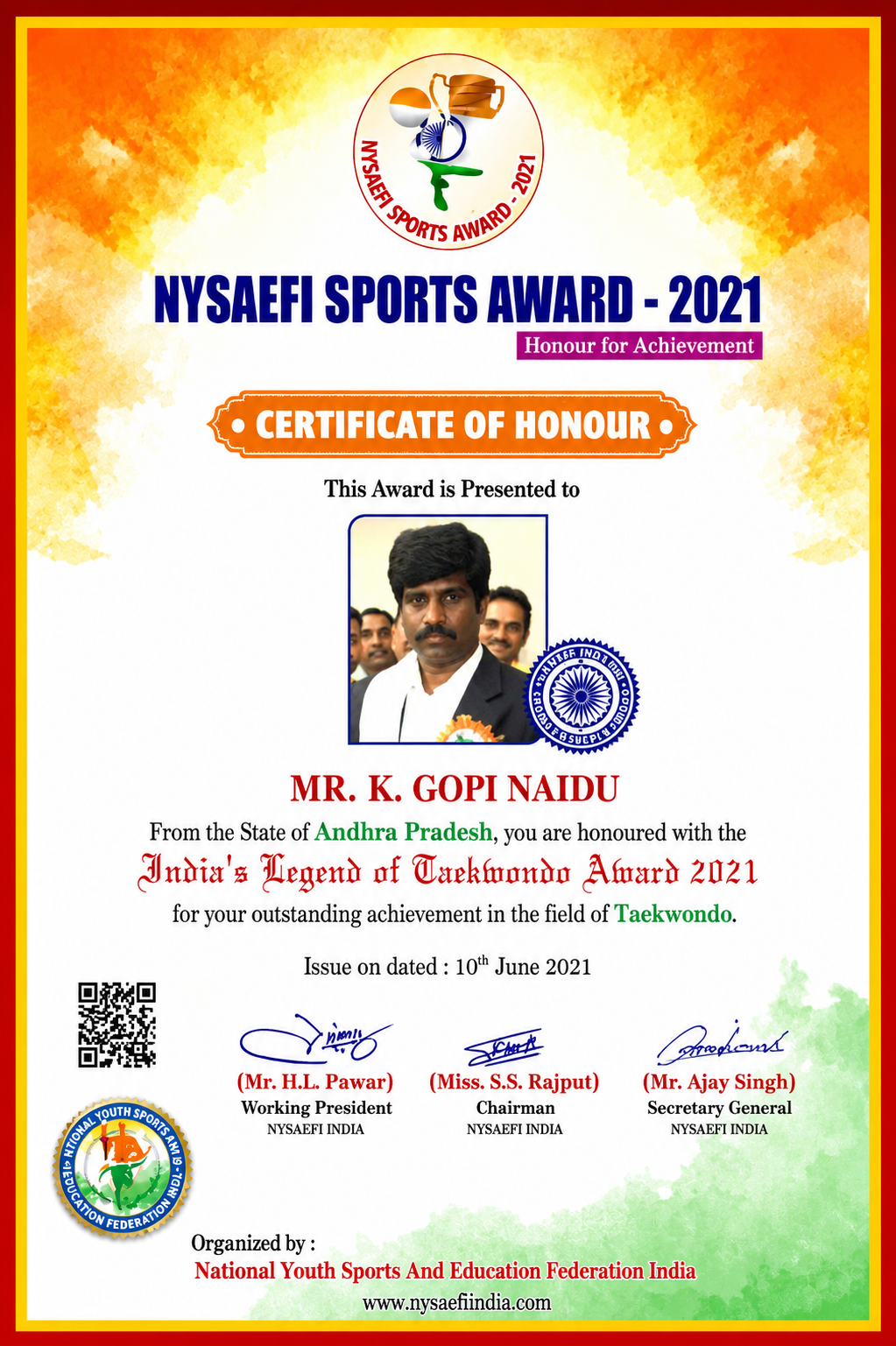Master Gopi Naidu Sports Gourav Award Ghaziabad UP 2019 for Taekwondo Coach