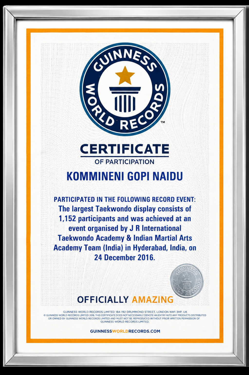 Official Guinness World Record Certificate awarded to Master K. Gopi Naidu at J.R International Taekwondo Academy event Hyderabad 2016