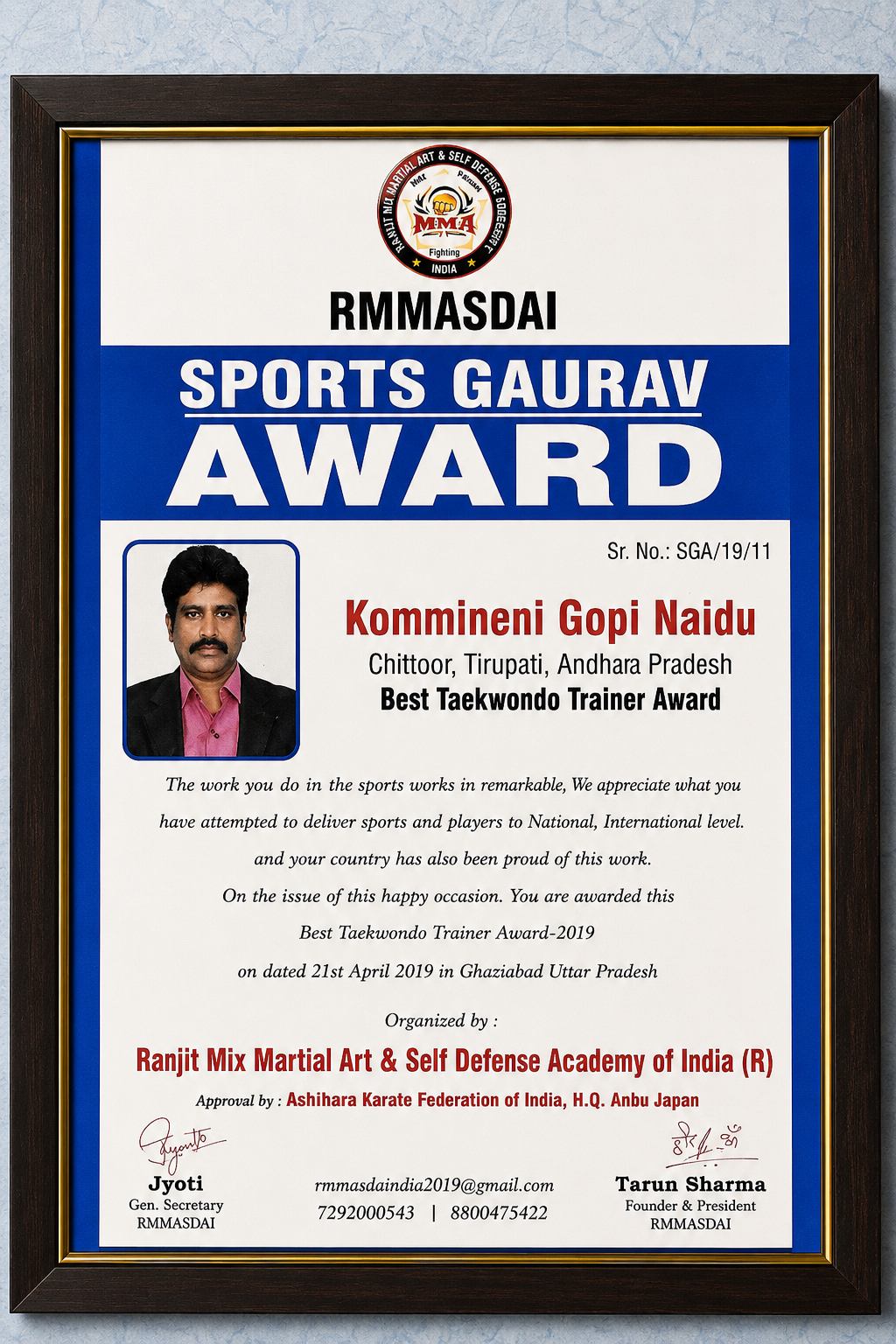 Master Gopi Naidu Taekwondo excellence award India recognition ceremony