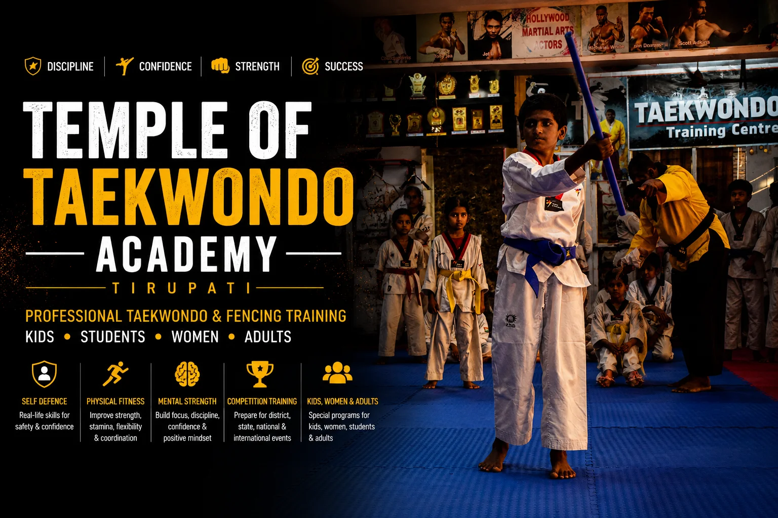Master K. Gopi Naidu coaching Taekwondo at Temple of Academy, Tirupati