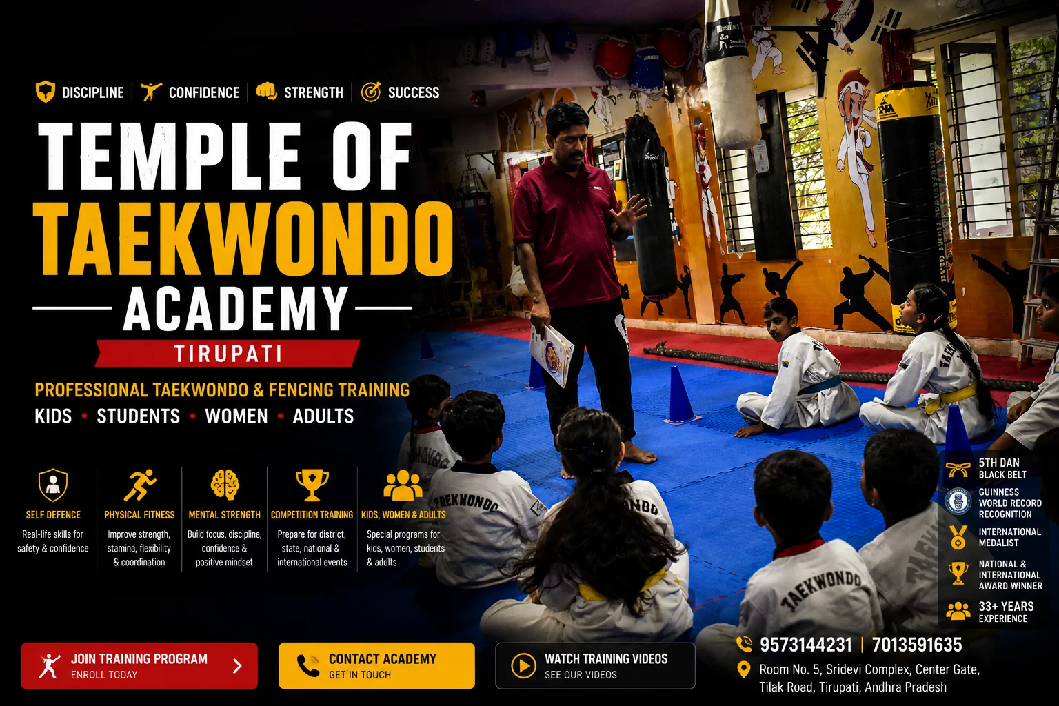 Students training Taekwondo at Temple of Academy, Tirupati