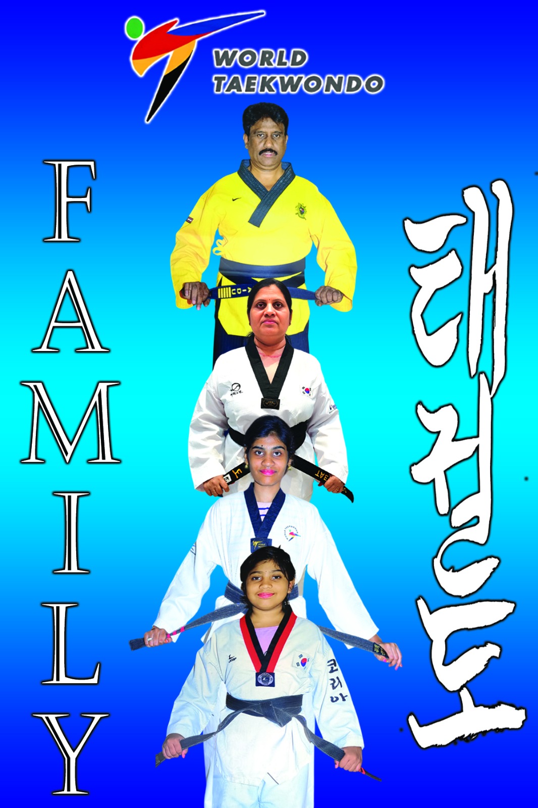 Master K. Gopi Naidu Kommineni with his family – wife Pulipati Geetha and daughters Bhavishya and Sanjana, all Taekwondo Black Belt holders, Tirupati